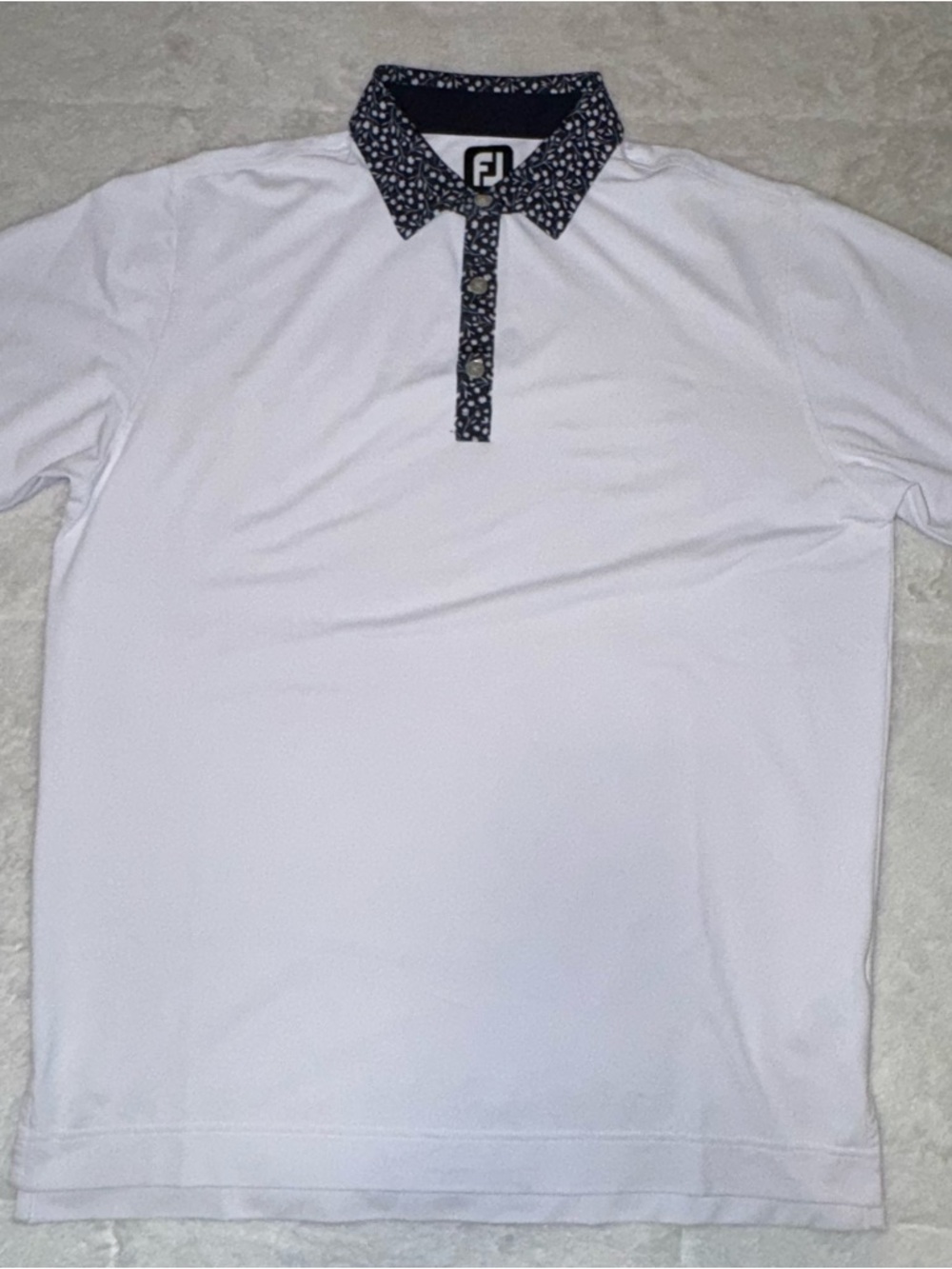 FootJoy White Polo with Navy/White Floral Patterned Collar - Sz M
